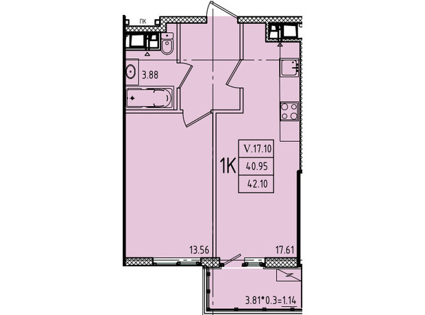 ЖК Эллада: планировка 1-комнатной квартиры 42.1 м²