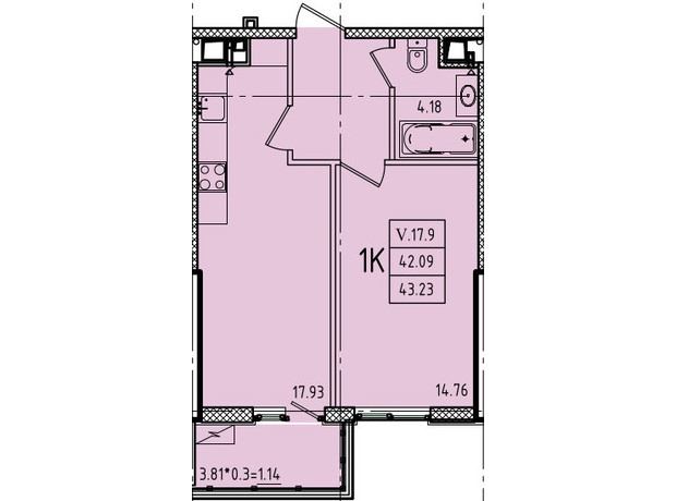 ЖК Эллада: планировка 1-комнатной квартиры 43.23 м²