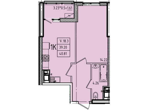 ЖК Эллада: планировка 1-комнатной квартиры 40.81 м²