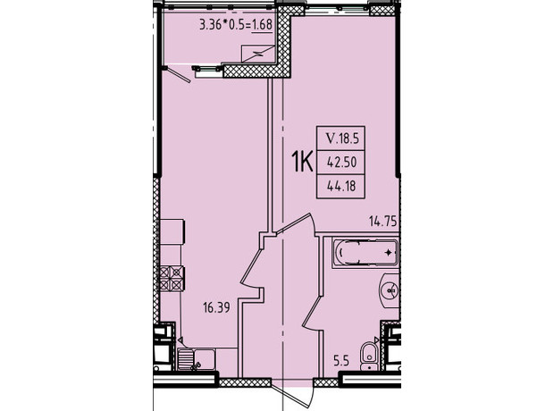 ЖК Еллада: планування 1-кімнатної квартири 44.18 м²