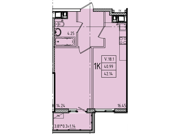 ЖК Еллада: планування 1-кімнатної квартири 42.14 м²