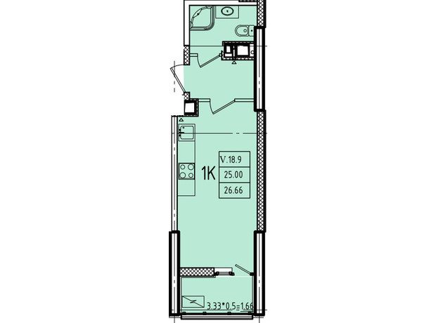 ЖК Еллада: планування 1-кімнатної квартири 28.73 м²