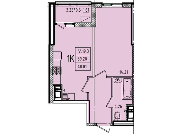 ЖК Эллада: планировка 1-комнатной квартиры 40.81 м²