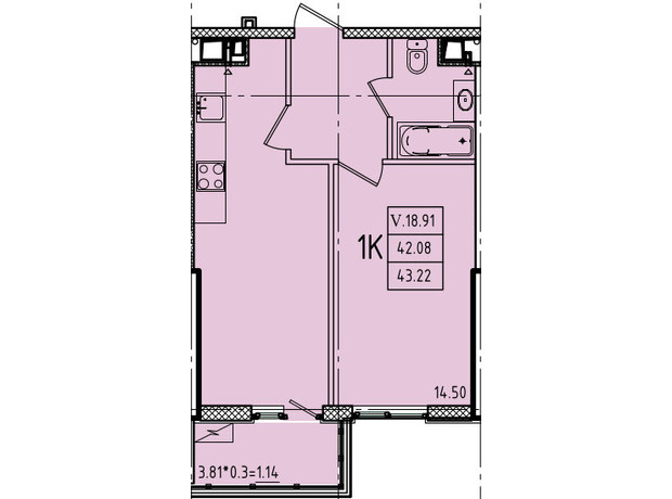 ЖК Эллада: планировка 1-комнатной квартиры 43.22 м²