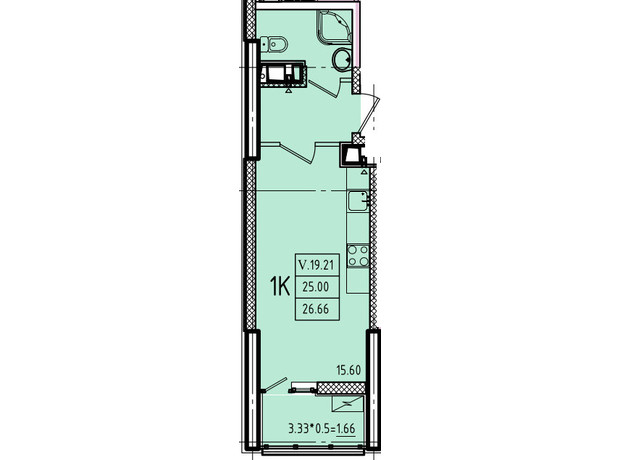 ЖК Еллада: планування 1-кімнатної квартири 28.74 м²