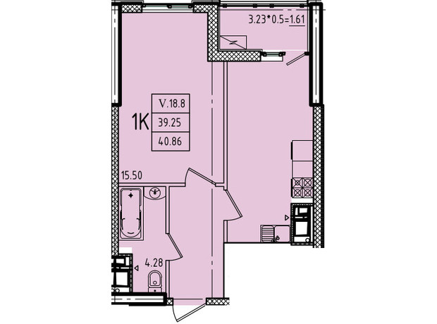 ЖК Еллада: планування 1-кімнатної квартири 40.86 м²
