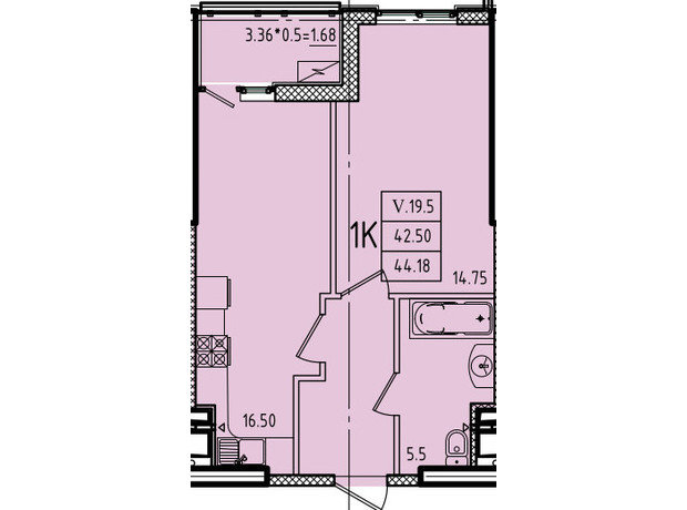 ЖК Еллада: планування 1-кімнатної квартири 44.18 м²