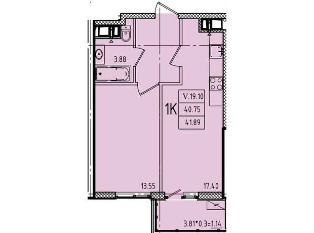 ЖК Еллада: планування 1-кімнатної квартири 41.89 м²