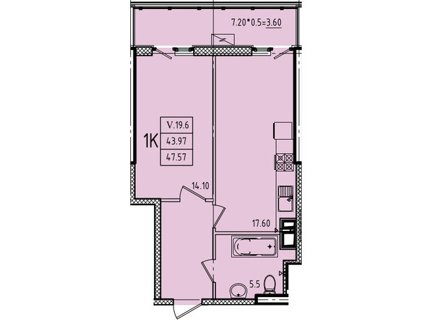 ЖК Еллада: планування 1-кімнатної квартири 47.57 м²