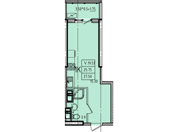 ЖК Еллада: планування 1-кімнатної квартири 27.5 м²