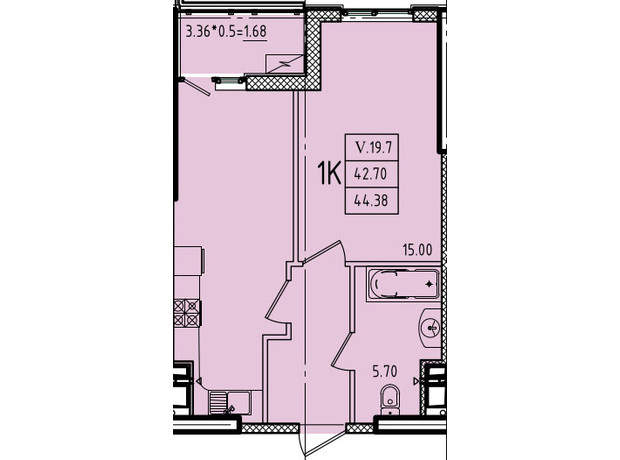 ЖК Еллада: планування 1-кімнатної квартири 44.38 м²