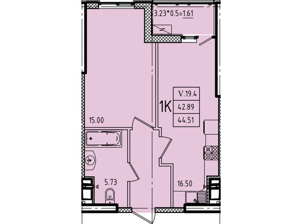 ЖК Эллада: планировка 1-комнатной квартиры 44.51 м²