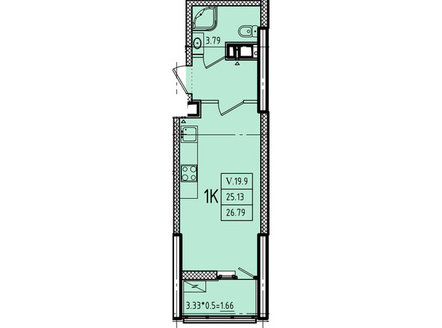 ЖК Эллада: планировка 1-комнатной квартиры 28.84 м²