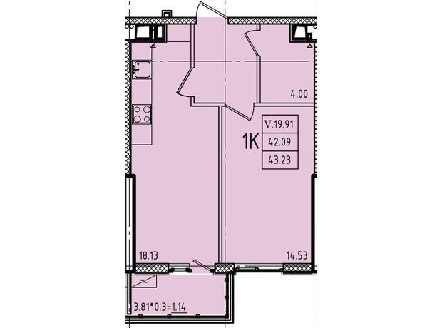 ЖК Эллада: планировка 1-комнатной квартиры 43.23 м²