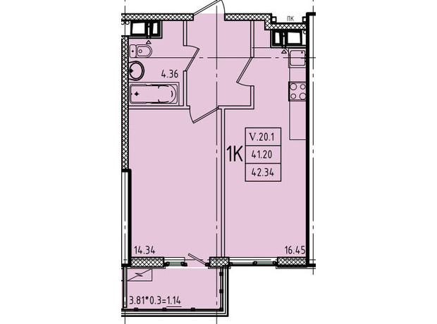 ЖК Эллада: планировка 1-комнатной квартиры 42.34 м²