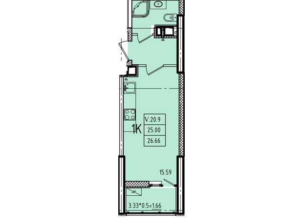 ЖК Еллада: планування 1-кімнатної квартири 28.73 м²