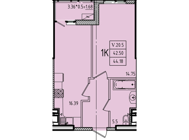 ЖК Еллада: планування 1-кімнатної квартири 44.18 м²