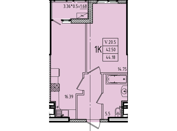 ЖК Эллада: планировка 1-комнатной квартиры 44.18 м²