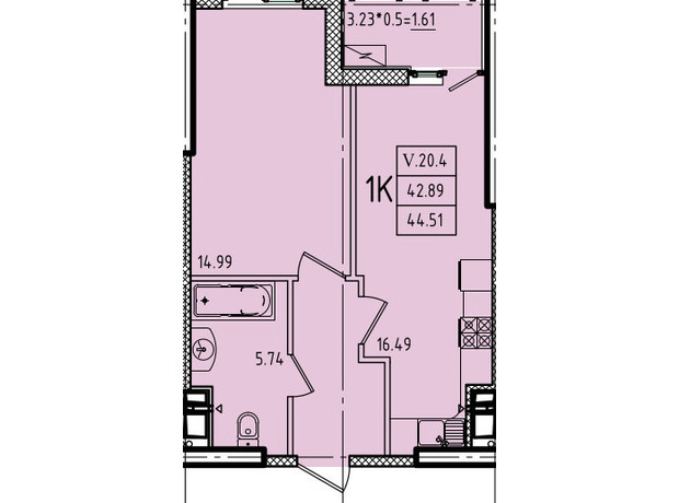 ЖК Еллада: планування 1-кімнатної квартири 44.51 м²