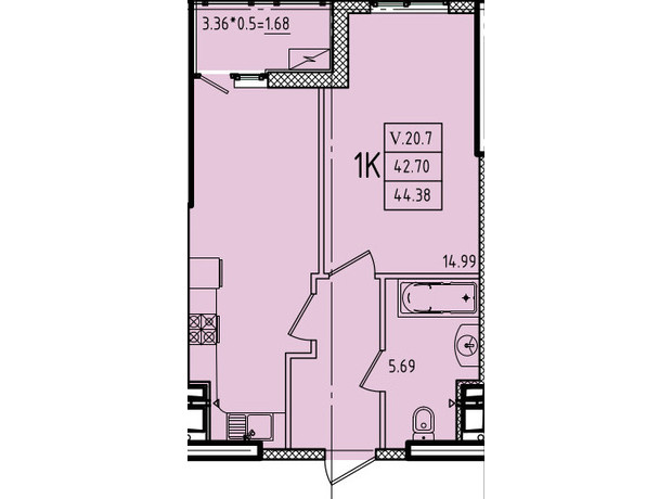 ЖК Еллада: планування 1-кімнатної квартири 44.38 м²