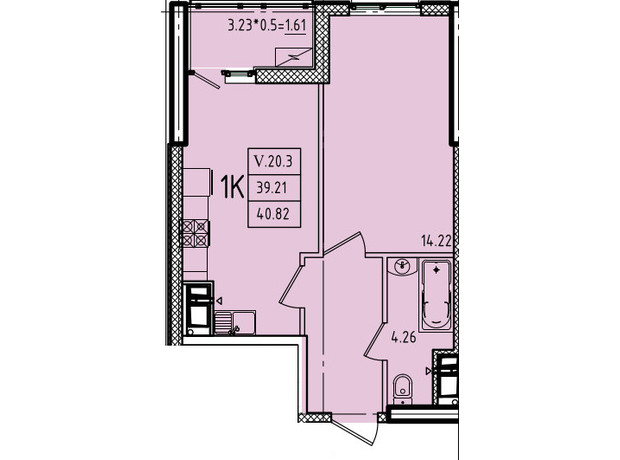 ЖК Еллада: планування 1-кімнатної квартири 40.82 м²