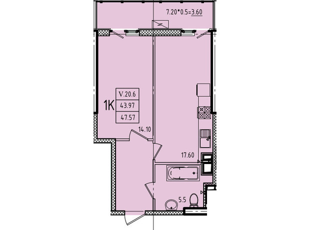 ЖК Эллада: планировка 1-комнатной квартиры 47.57 м²