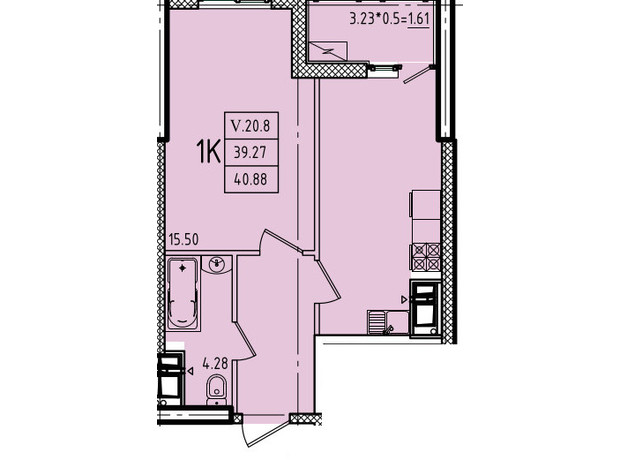 ЖК Эллада: планировка 1-комнатной квартиры 40.88 м²