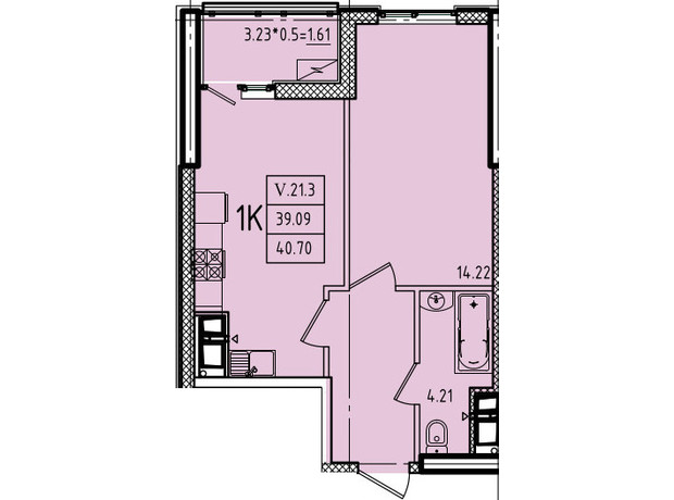 ЖК Эллада: планировка 1-комнатной квартиры 40.7 м²
