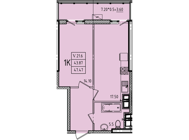 ЖК Еллада: планування 1-кімнатної квартири 47.47 м²