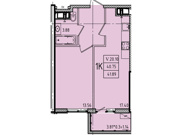 ЖК Эллада: планировка 1-комнатной квартиры 41.89 м²