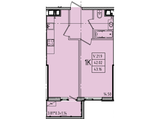 ЖК Еллада: планування 1-кімнатної квартири 43.16 м²