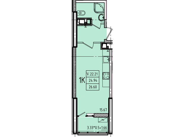 ЖК Эллада: планировка 1-комнатной квартиры 28.67 м²