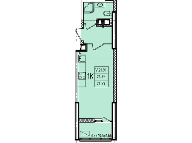 ЖК Эллада: планировка 1-комнатной квартиры 28.67 м²