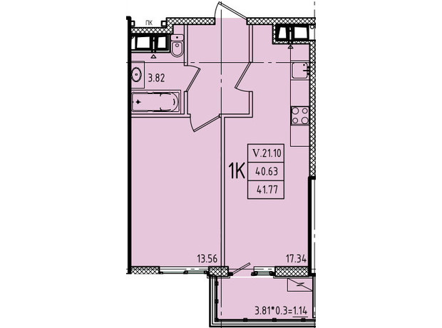 ЖК Эллада: планировка 1-комнатной квартиры 41.77 м²