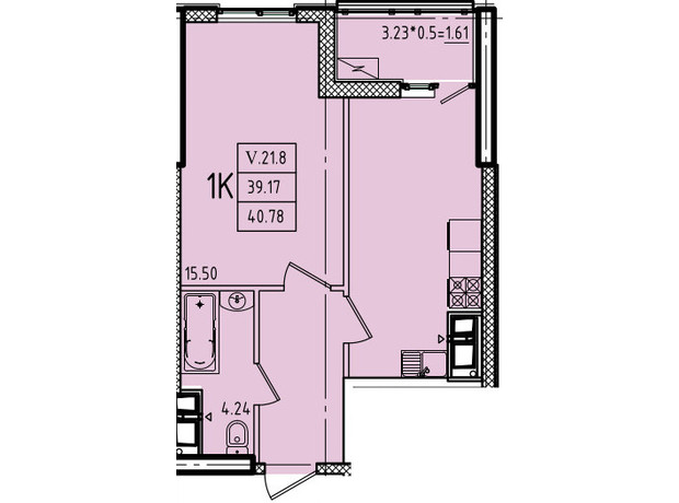 ЖК Эллада: планировка 1-комнатной квартиры 40.78 м²