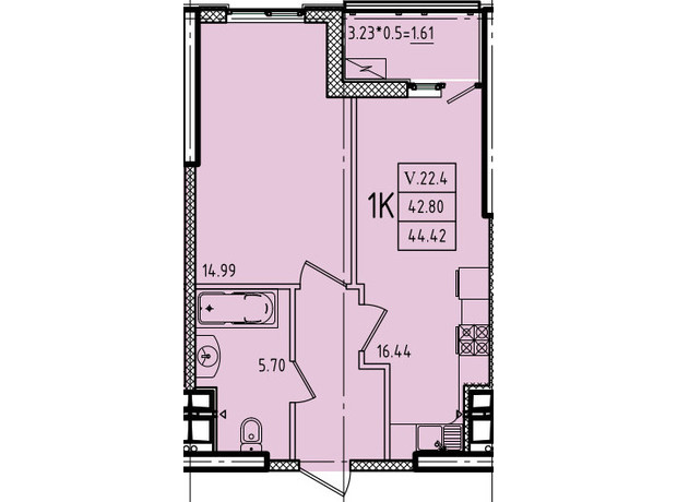 ЖК Еллада: планування 1-кімнатної квартири 44.42 м²