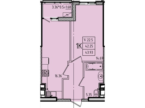 ЖК Еллада: планування 1-кімнатної квартири 43.93 м²