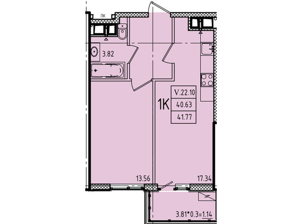 ЖК Еллада: планування 1-кімнатної квартири 41.77 м²