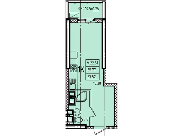 ЖК Эллада: планировка 1-комнатной квартиры 27.52 м²