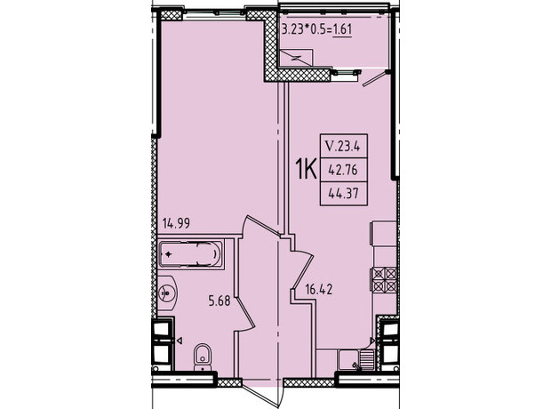 ЖК Еллада: планування 1-кімнатної квартири 44.37 м²