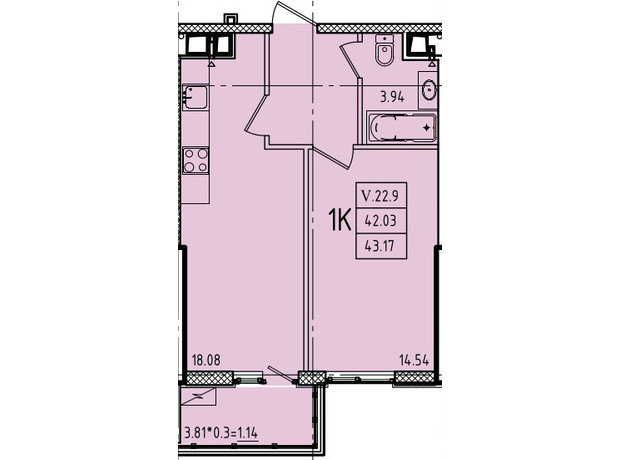 ЖК Эллада: планировка 1-комнатной квартиры 43.17 м²