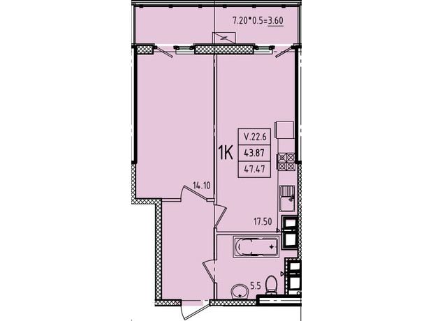 ЖК Эллада: планировка 1-комнатной квартиры 47.47 м²