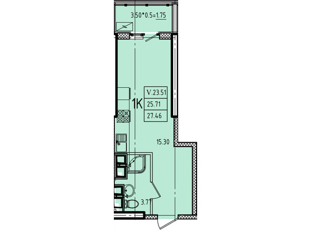 ЖК Эллада: планировка 1-комнатной квартиры 27.46 м²