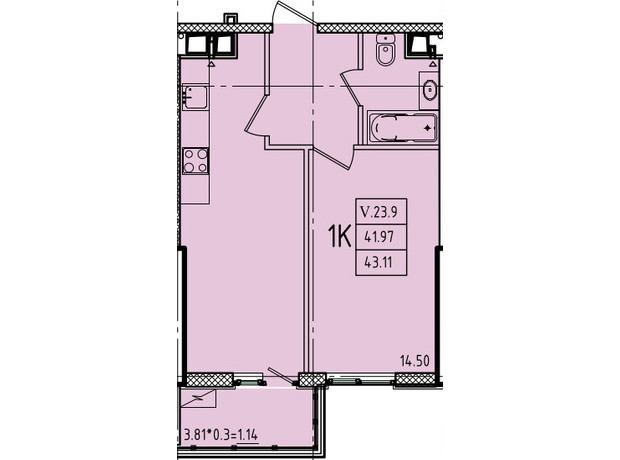 ЖК Эллада: планировка 1-комнатной квартиры 43.11 м²