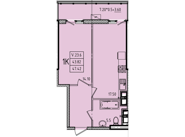 ЖК Еллада: планування 1-кімнатної квартири 47.42 м²