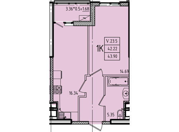 ЖК Еллада: планування 1-кімнатної квартири 43.9 м²