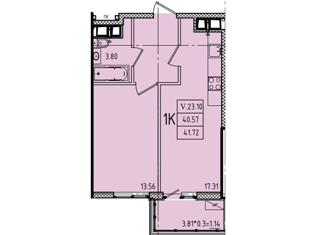 ЖК Эллада: планировка 1-комнатной квартиры 41.72 м²