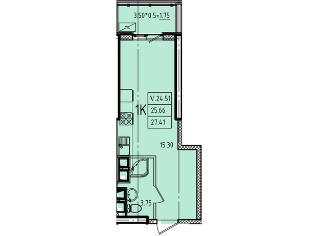 ЖК Еллада: планування 1-кімнатної квартири 27.41 м²