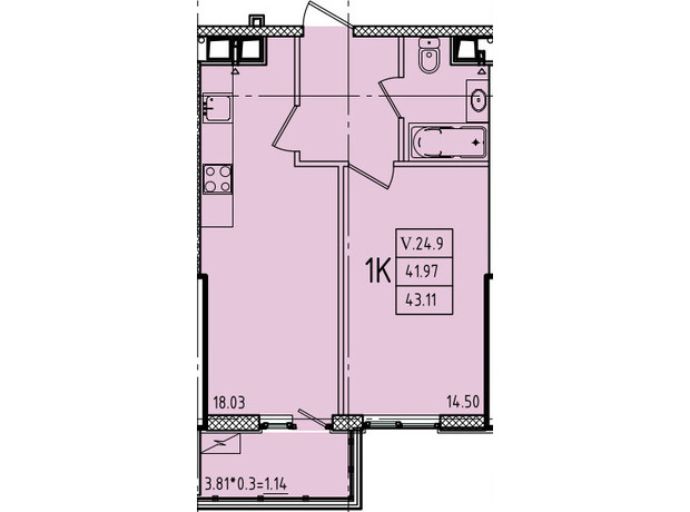 ЖК Еллада: планування 1-кімнатної квартири 43.11 м²
