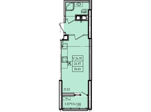 ЖК Еллада: планування 1-кімнатної квартири 28.67 м²